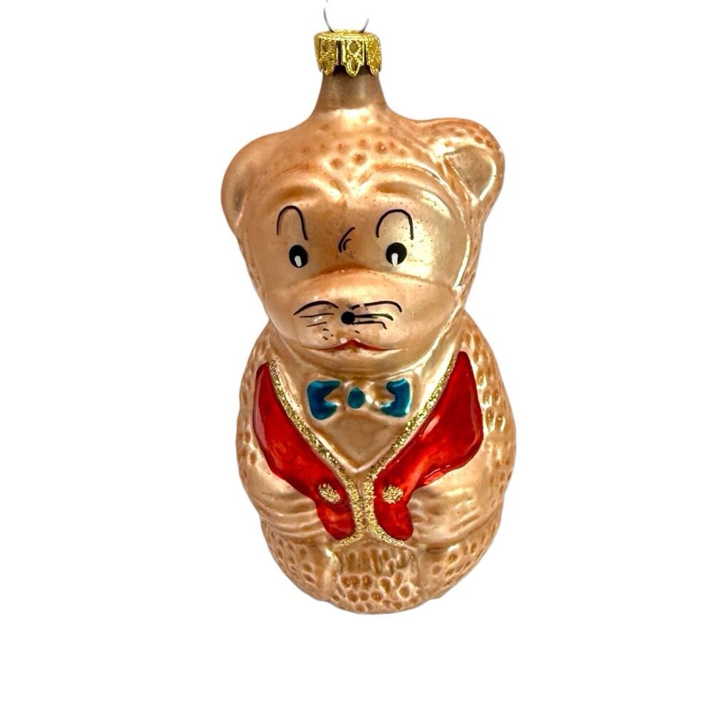 Teddy Bear Cub Bowtie Red Vest Glass Christmas‎ Tree Ornament Old Timey Vtg EUC